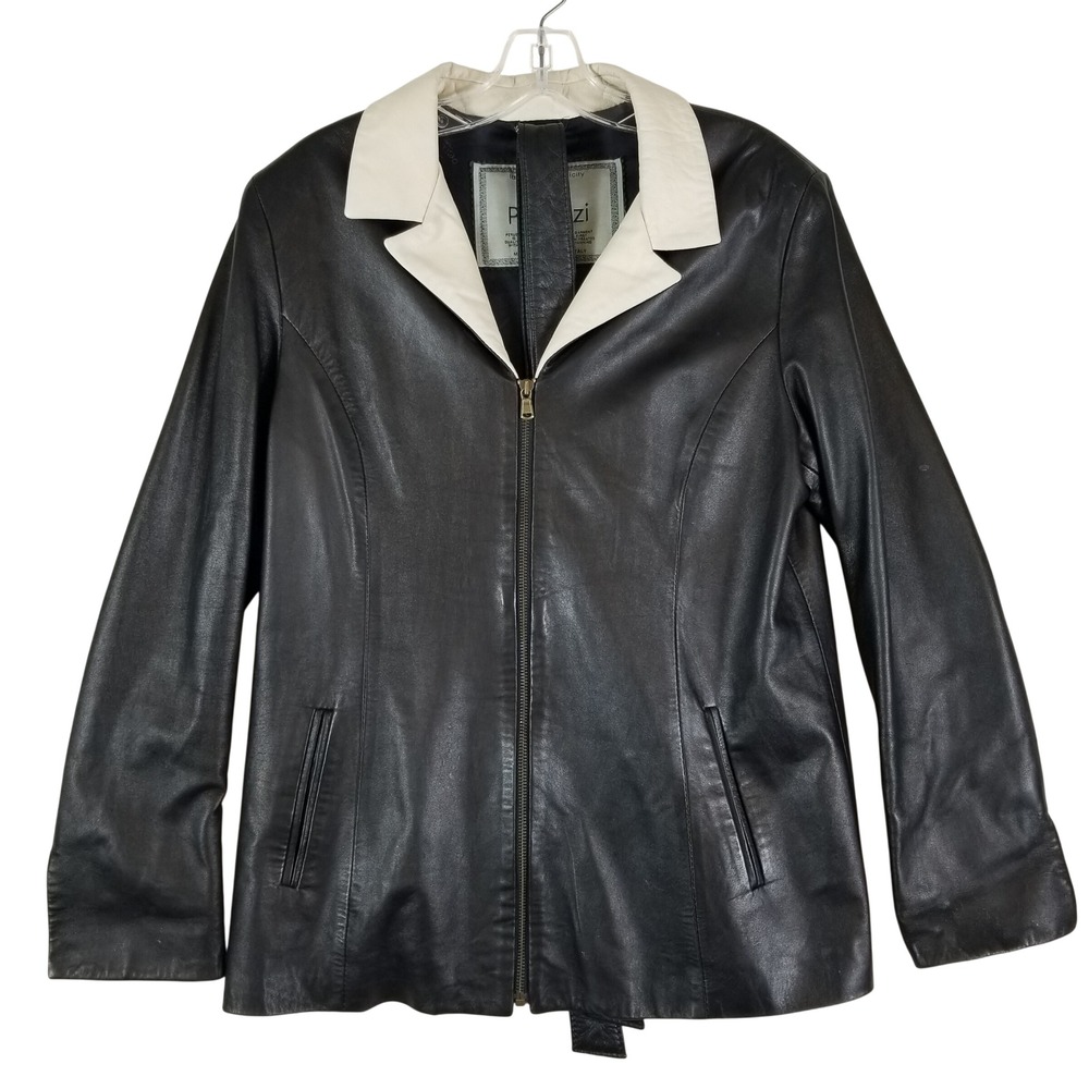 Peruzzi Leather Jacket Women 46 US 10 Black‎ Cream Zip Front  Italy Handcrafted